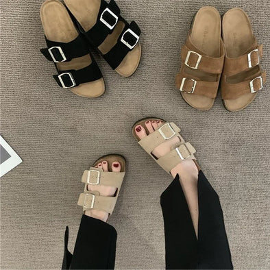 2024 New Summer Women's Cork Slippers Casual Beach Double Buckle Non-slip Outside Nubuck Leather Slip on Slides Shoe for Women